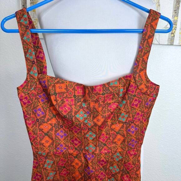 SALONI Rachel Printed Sleeveless Linen Mini Dress Rainbow Trellis Orange Pink 2 - Picture 6 of 9